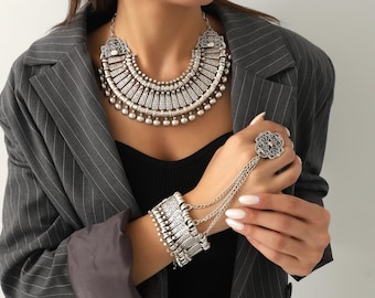 Silver Plated Bib Necklace and Bracelet Set: Statement Jewelry