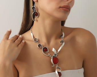 Verzilverde verstelbare ketting en oorbellen Boho-sieradenset