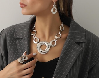 Silver Plated Bohemian Necklace Earrings Ring Jewelry Set