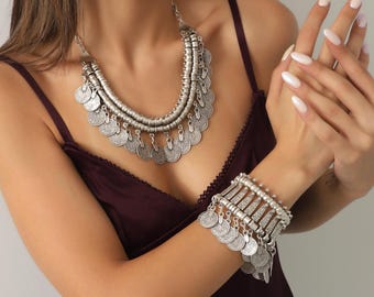 Silver Plated Bib Necklace & Bracelet Jewelry Set