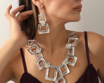 Silver Plated Boho Jewelry Set,Adjustable Necklace&Earrings
