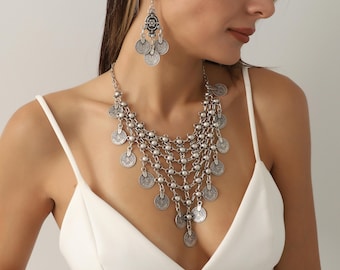 Silver Plated Bib Necklace & Earrings Jewelry Set