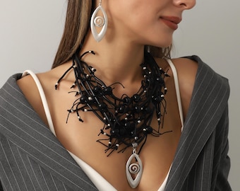 Handmade Statement Black Necklace Earrings Jewelry Set