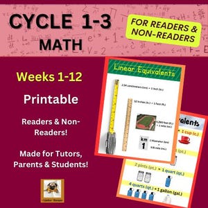 Puede incluir: Hojas de trabajo de matemáticas imprimibles para lectores y no lectores, que cubren las semanas 1 a 12 del ciclo 1 a 3. La imagen muestra una tarjeta de título colorida con el texto "Ciclo 1-3 Matemáticas" y una tabla con equivalencias lineales, incluyendo pulgadas, pies, millas, centímetros y tazas.