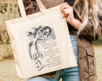 Alice in Wonderland Tote Bag Alice Bag Cheshire Cat Tote Library Book Tote Bag Tote For Books Gift for Reader Bookish Gift Tote Bag Aestheti