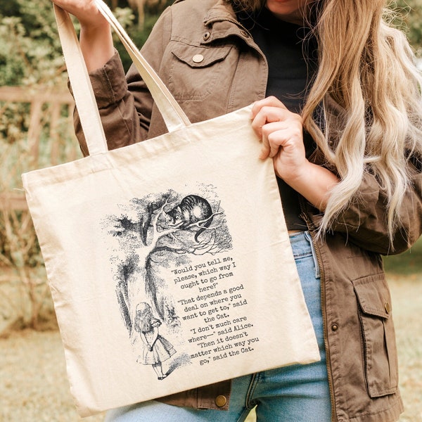 Alice in Wonderland Tote Bag Alice Bag Cheshire Cat Tote Library Book Tote Bag Tote For Books Gift for Reader Bookish Gift Tote Bag Aestheti