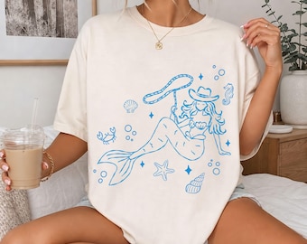 Coastal Cowgirl Mermaid Graphic T-Shirt, Western Ocean Shirt