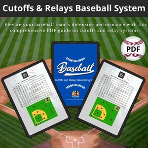 May include: A digital PDF guide on baseball cutoffs and relay systems. The guide features a baseball field diagram and a table with instructions. The guide is titled "Baseball Cutoffs and Relays Baseball System".