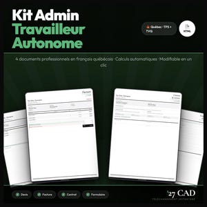 Peut inclure: Un kit administratif numérique pour travailleur autonome comprenant quatre documents professionnels en français, incluant facture, devis, contrat et formulaire, avec calculs automatiques et compatibilité HTML sur fond vert foncé.