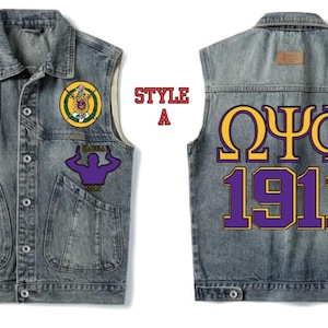 May include: Denim vest in a light wash with multiple patches and pockets. The front features patches with text and symbols, while the back displays large purple and gold Greek letters and the number 1911. Style A.