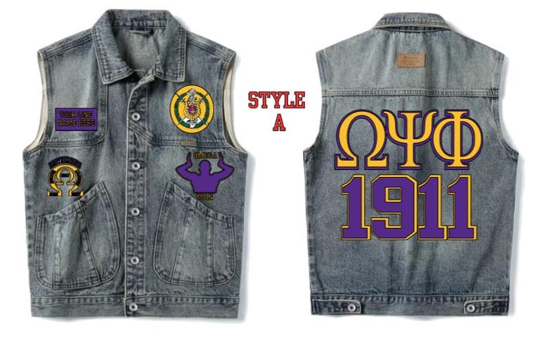 May include: Denim vest in a light wash with multiple patches and pockets. The front features patches with text and symbols, while the back displays large purple and gold Greek letters and the number 1911. Style A.