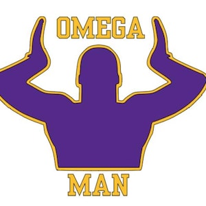 May include: A purple silhouette of a person with arms raised, outlined in gold. The word "OMEGA" is above the figure, and "MAN" is below, both in gold block letters. The design is on a white background.