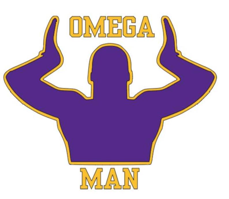 May include: A purple silhouette of a person with arms raised, outlined in gold. The word "OMEGA" is above the figure, and "MAN" is below, both in gold block letters. The design is on a white background.
