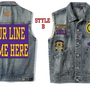 May include: Denim vest with a button-up front. The vest features a large purple rectangle on the back with the text "YOUR LINE NAME HERE" in yellow. The front has patches with Greek letters and the text "1911".