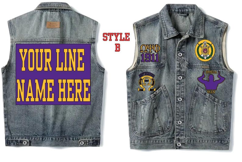 May include: Denim vest with a button-up front. The vest features a large purple rectangle on the back with the text "YOUR LINE NAME HERE" in yellow. The front has patches with Greek letters and the text "1911".