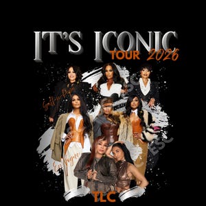 May include: A black graphic t-shirt design featuring the text IT'S ICONIC TOUR 2026 in white and orange. The image displays a collage of eight individuals in stylish outfits, with the text Salt-n-Pepa, En Vogue, and TLC written in orange script.