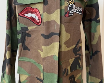 Chaqueta de camuflaje, Chaqueta Queen, Chaqueta para mujer afro, Chaqueta de camuflaje personalizada, Chaqueta de camuflaje, Regalo para ella, Chaqueta Queen