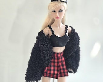 Black and Red Plaid Skirt Set for Fashion Dolls | Trendy Doll Outfit
