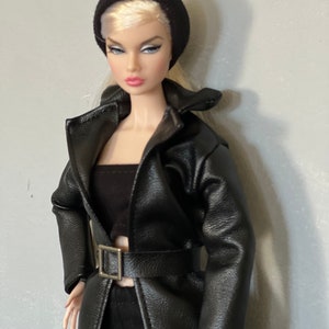 Handmade Faux Leather Trench Coat for 12-inch Dolls: Black Doll Outerwear