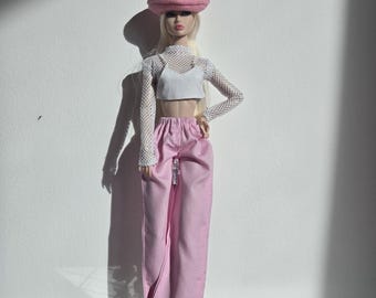 Handmade Doll Outfit - Pink Beret, Mesh Top & Wide Leg Pants Set for 12-inch Dolls - 1/6 Scale Fashion Doll Clothes