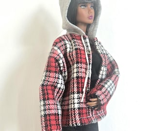 Miniature Red Flannel Hooded Jacket | 1/6 Scale Doll Fashion Buffalo Plaid