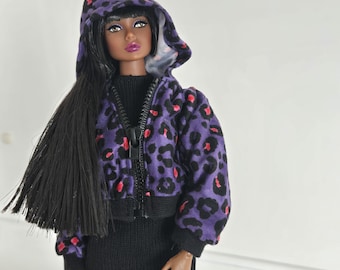 Purple Leopard Print Doll Hoodie, 1/6 Scale Miniature Streetwear
