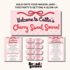 Kirsch Junggesellinnenabschied Dekor Bündel | Bearbeitbare Canva-Vorlagen | Printable Banner, Getränkekarte, Reiseplan + Tags | Sofort Download PDF