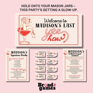 Cocktail-Cowgirl Junggesellinnenabschiede Dekor Bundle | Bearbeitbare Canva-Vorlagen | Printable Banner, Getränkekarte, Reiseplan | Sofort Download PDF