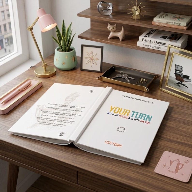 K&ouml;nnte beinhalten: Ein aufgeschlagenes Hardcover-Buch mit dem Titel Your Turn von Lucy Fours mit wei&szlig;en Seiten und schwarzem, gelbem, t&uuml;rkisfarbenem und rotem Text. Das Buch liegt auf einem Schreibtisch aus Holz neben einer rosa Lampe, einer Pflanze und einem Schl&uuml;sselablage.