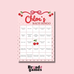 May include: A pink "Chloe's Bach Bingo" game board with red text and cherry accents. The game includes various prompts for a hen party, such as "Someone twerks in public" and "Share a favourite memory of you and the bride."