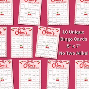 May include: A collection of pink "Chloe's Bach Bingo" cards, each 12.7cm x 17.8cm, with cherry illustrations. The cards are designed for a hen party, with the text "10 Unique Bingo Cards" and "No Two Alike!"
