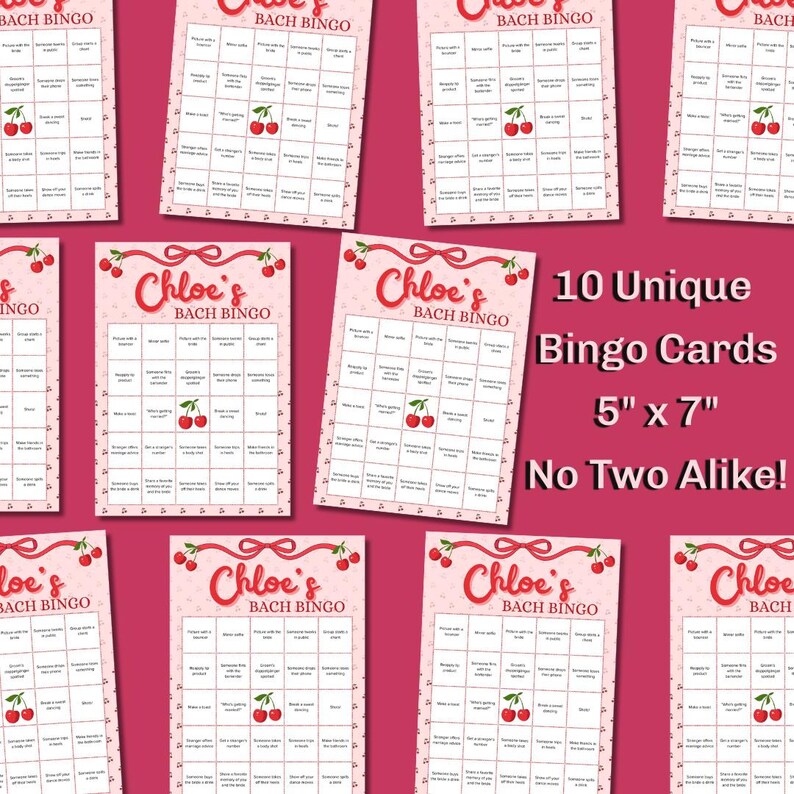 May include: A collection of pink "Chloe's Bach Bingo" cards, each 12.7cm x 17.8cm, with cherry illustrations. The cards are designed for a hen party, with the text "10 Unique Bingo Cards" and "No Two Alike!"