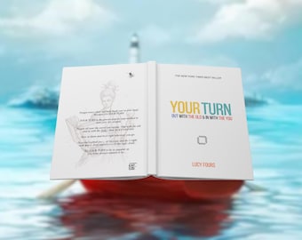 May include: A white open book titled YOUR TURN OUT WITH THE OLD & IN WITH THE YOU by Lucy Fours. The left page features a faint sketch of a person and text, while the right page displays the title in yellow, blue, and red text with a small square icon.