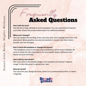 May include: A digital template with the text "Frequently Asked Questions" in a playful font. The background is a watercolour wash of peach and pink. The template answers questions about editing text, changing elements, and printing.