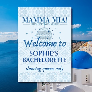 Ensemble enseigne de bar et itinéraire Mamma Mia Bachelorette | Carte des boissons modifiable, programme de cocktails signature du week-end Grèce été | Modèle de toile