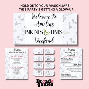 Bikinis und Tinis Bachelorette Party Decor Bundle|Bearbeitbare Canva Vorlagen|Druckbares Banner, Getränkekarte, Reiseplaner + Tags |Sofort Download PDF