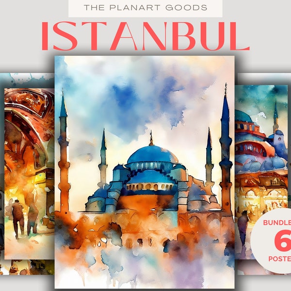 Istanbul Wall Art, Turkey, Digital Watercolor Art, Tourist Places, Digital Download, Wall Decor, Water Color, Souvenir, Travel Art, gift set