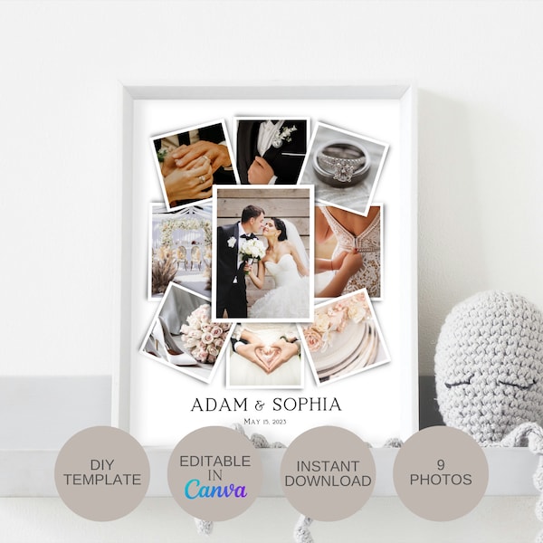 Custom 9 Photo Collage Canva Frame for Personalized Anniversary, Birthday, Wedding, Engagement, Family, and Christmas Photo Memory Gift.