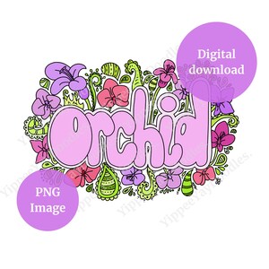 Doodle de orquídea colorido (rosa, roxo e verde) Download digital instantâneo PNG, cartão de orquídea, arte de parede de orquídea, arte de linha digital de orquídea, flores
