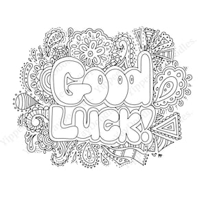 Boa sorte Doodle preto e branco imagem PNG download digital instantâneo, cartão de boa sorte, arte de boa sorte, arte de linha digital, desejo boa sorte, sorte