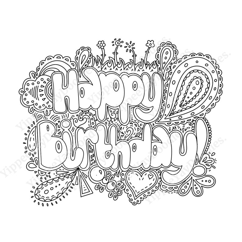 Happy Birthday Doodle PNG Instant Digital Download black & White, Happy