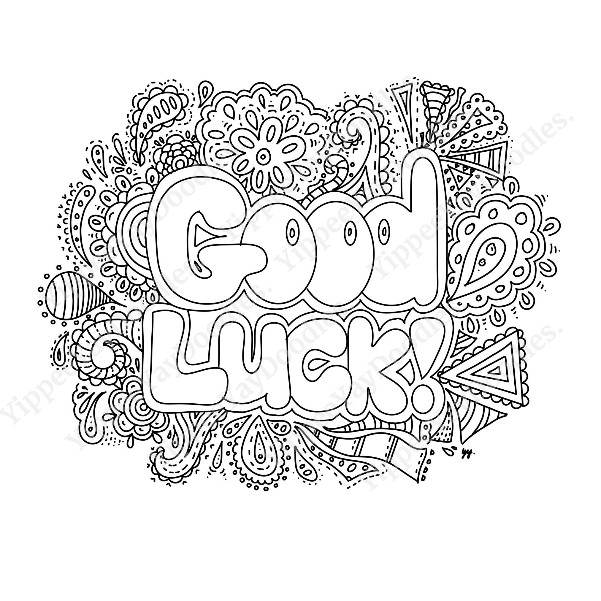 Good Luck Doodle Black & White PNG Image Instant Digital Download