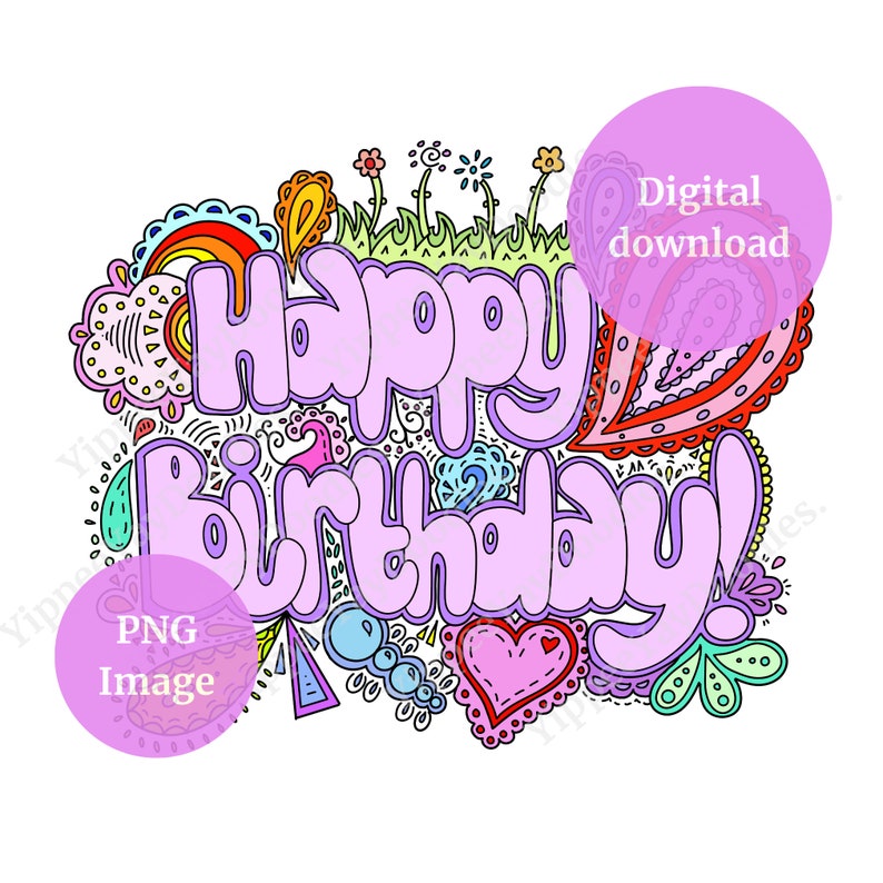 Happy Birthday Doodle Pink and Colourful PNG Instant Digital Download