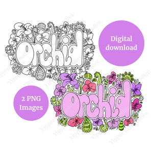 Orchideen Doodle Bundle: 2 PNG Digitale Downloads (1 Pink/Grün, 1 Schwarz & Weiß), Orchidee Wandkunst, Orchidee Karte, Orchidee Ausmalblatt