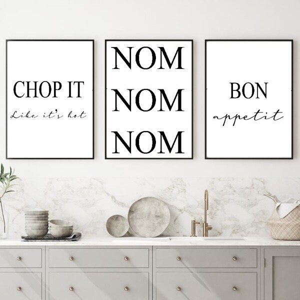 Chop It Like Its Hot Nom Bon Appetit Prints Set Of 3  Home Wall Art Wall Decor Prints Gifts