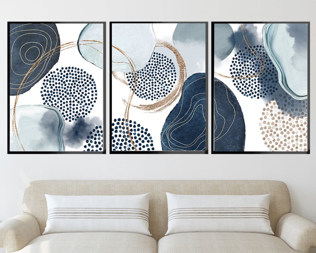 Modern Simple Navy Blue Gallery Wall Art Set of 3 Pastel Nordic Prints
