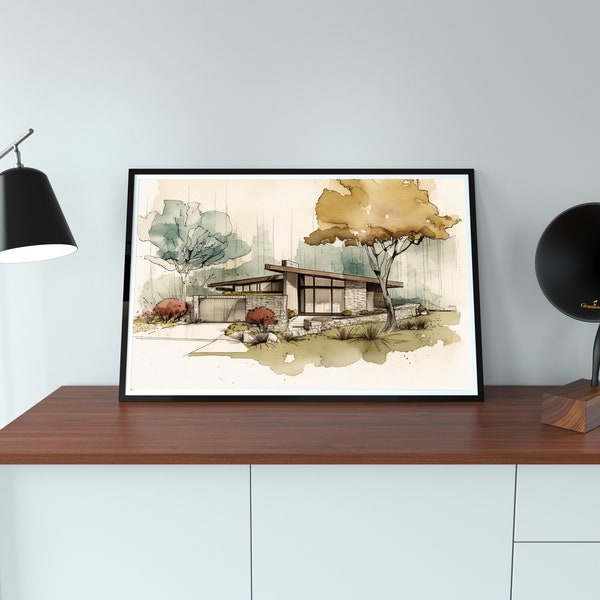 Mid Century Modern Architectural art  (Portrait, Urban Sketch Printable Decor, Illustrated Wall Decor, watercolor , printable, digital art)