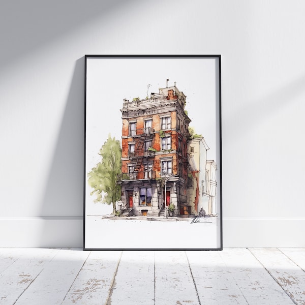 Whimsical Brownstone City House  (Portrait, Urban Sketch Printable Decor, Illustrated Wall Decor, architecture, watercolor, line and wash)