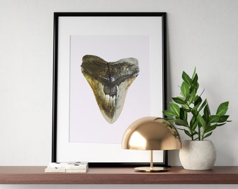 Megalodon Tooth Painting "Cracked Root"  (Printable Decor, Watercolor sea-life art, sharks, Shellfish, Abstract Portrait, wall art,)