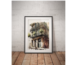 Whimsical New Orleans Houses  (Watercolor) Urban Sketch Printable Decor, Illustrated Wall Decor, architecture, watercolor, digital art)